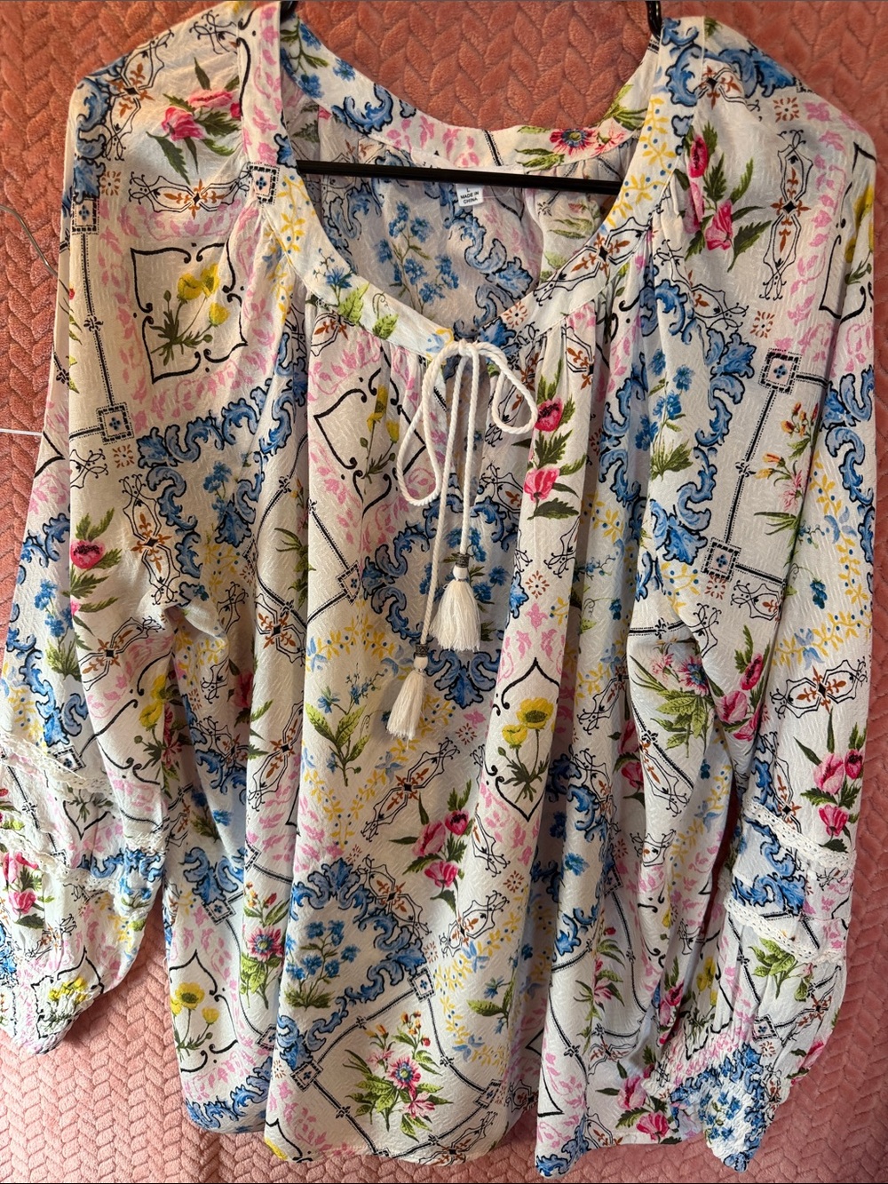 Jane and Delancey Cream Floral Peasant Tunic with Tassel Tie